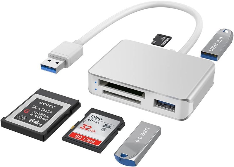 Rocketek XQD/SD/Micro SD Card Reader, Memory Multi-Card Reader/Writer/Adapter with 2 USB3.0 Port, Support Sony G/M Series Lexar 2933x/1400x USB Mark XQD Card, SD/SDHC/TF Card for Windows/Linux/Mac OS/Vista - Image 1